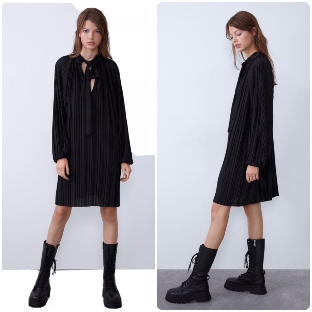Zara | Black Whimsigoth Pussycat Bow Pleated Dress Blogger’s Favorite | S